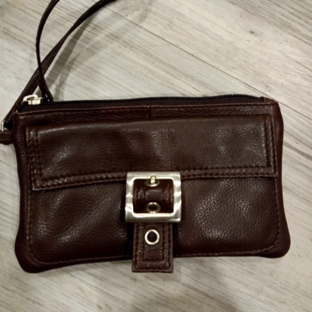 Brown Leather Wristlet Clutch with Silver Buckle
